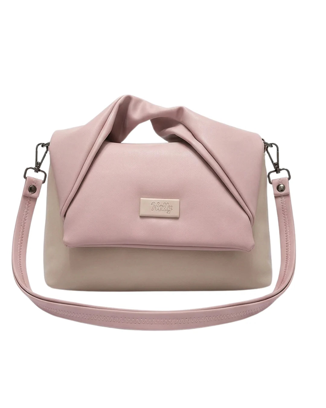 Stylish pink and beige sling bag for women and modern purse with fold design
