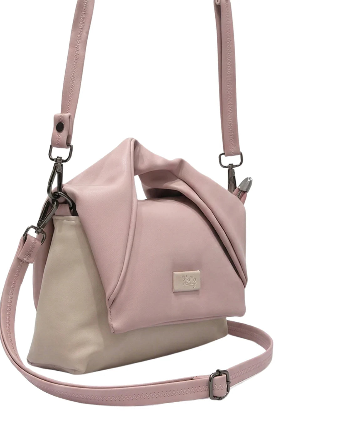 Stylish pink and beige sling bag for women and modern purse with fold design
