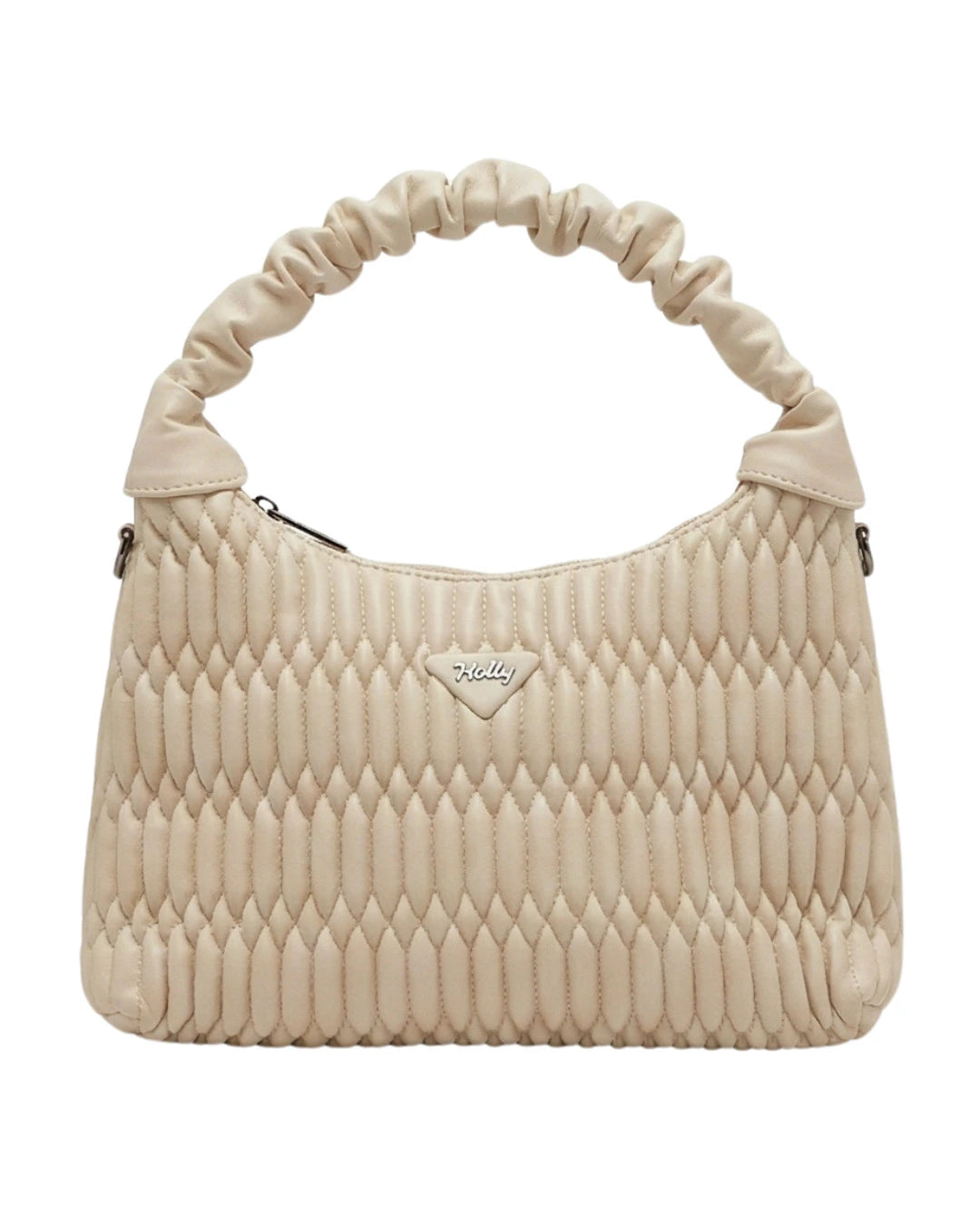 Trendy off-white quilted shoulder bag with scrunchie handle
