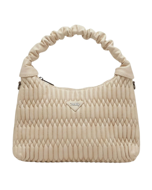 Trendy off-white quilted shoulder bag with scrunchie handle
