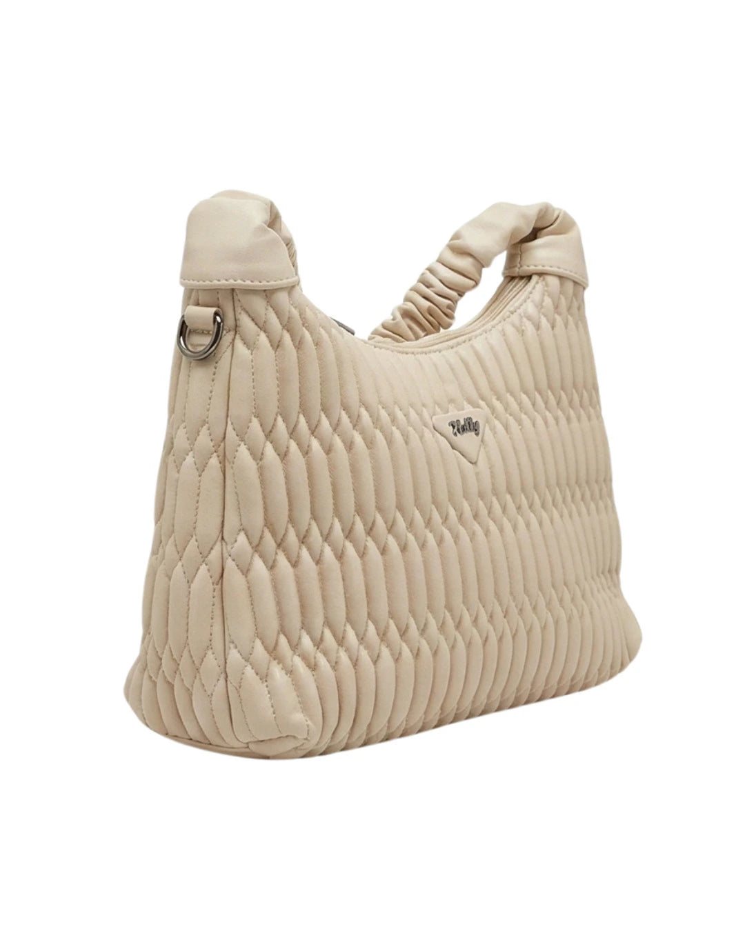 Trendy off-white quilted shoulder bag with scrunchie handle
