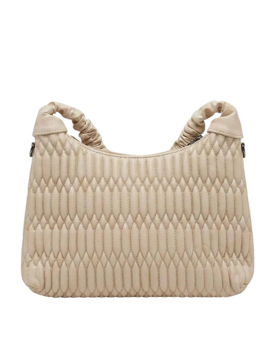 Trendy off-white quilted shoulder bag with scrunchie handle
