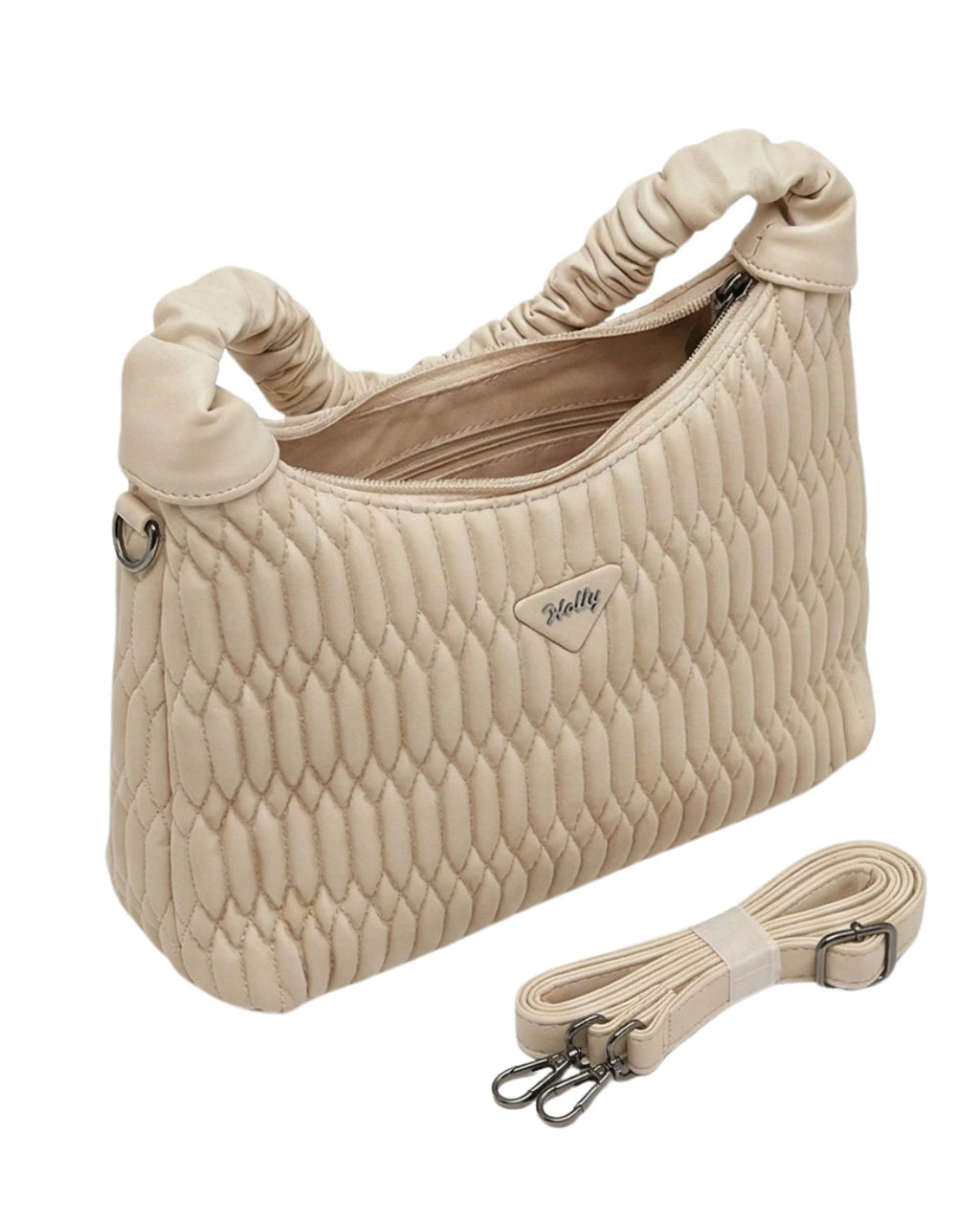 Trendy off-white quilted shoulder bag with scrunchie handle
