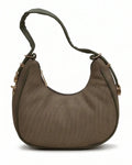 Brown textured handbag with a strap on a white background