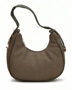 Brown textured handbag with a strap on a white background