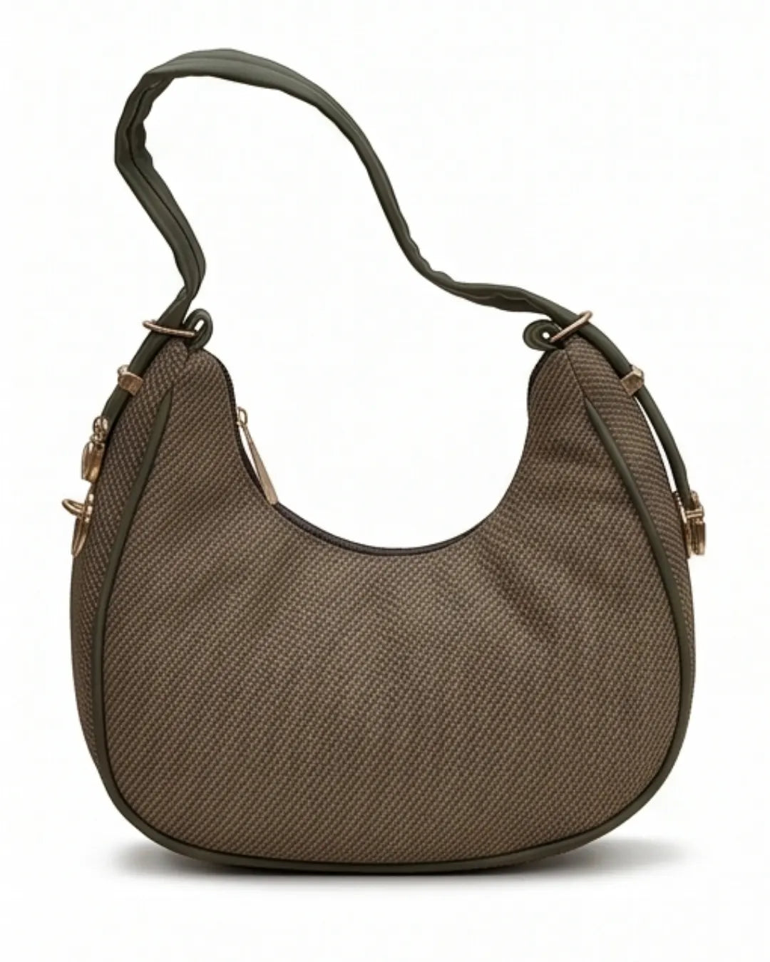 Brown textured handbag with a strap on a white background