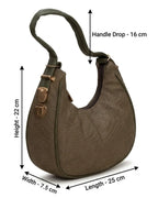 Brown handbag with measurements indicated on a white background