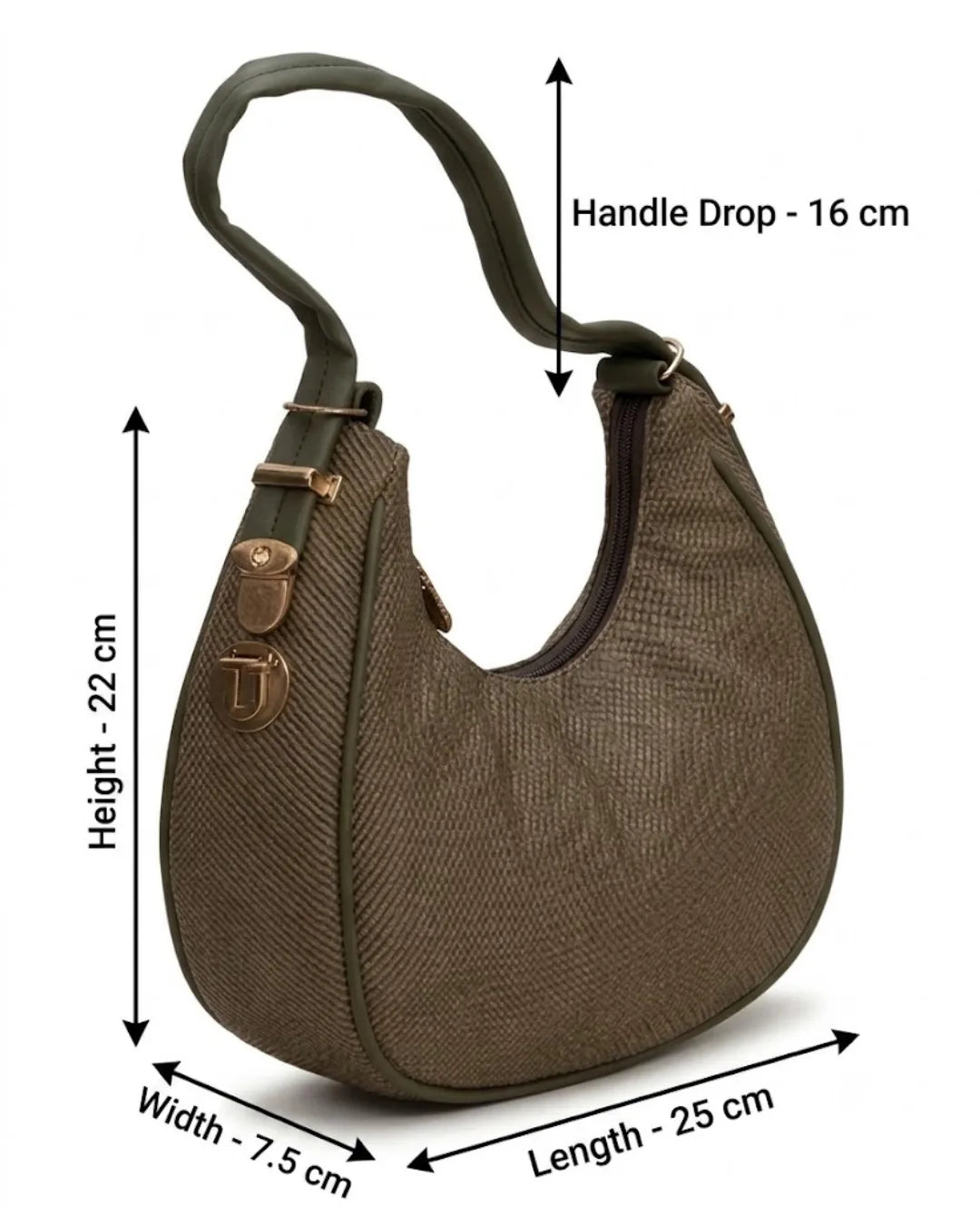 Brown handbag with measurements indicated on a white background